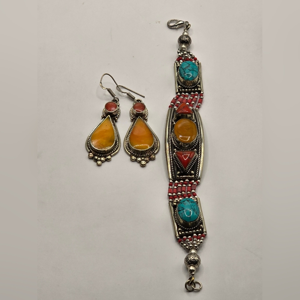 Tibetan Nepali Turquoise Coral & Spiny Oyster Earring & Bracelet Jewelry Set
